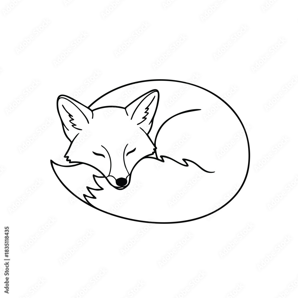 Obraz premium A serene line drawing of a sleeping fox curled up in a circle on a white background with minimalist design.
