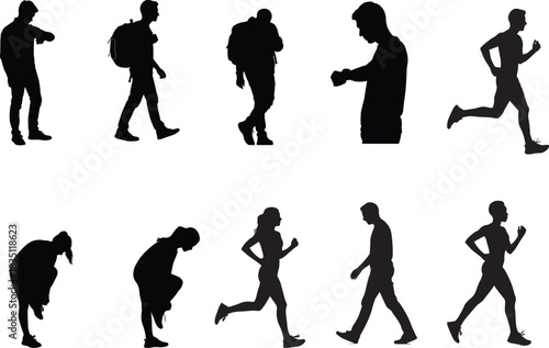 Collection of Silhouettes Representing People in Various Active Poses and Movements