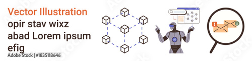 Blockchain, artificial intelligence, cybersecurity, digital mail search, informational technology, secure communication. Connected blocks, robot figure search icons. Blockchain and artificial