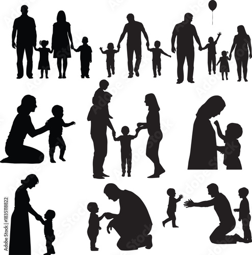 A diverse collection of family silhouettes showcasing parents, mothers, fathers, and children walking, playing, and interacting in loving poses