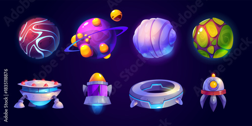 Fototapeta Naklejka Na Ścianę i Meble -  Alien space ships and planets isolated vector set