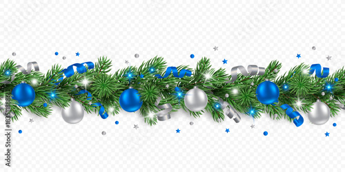 Vector pine tree seamless garland with silver and blue Christmas balls, confetti, ribbons and lights isolated on a transparent background. Holiday Christmas tree border for winter decor.