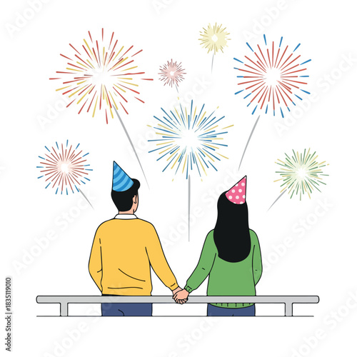 Illustration of a couple wearing party hats holding hands and watching colorful fireworks on a white background, celebrating Christmas and Happy New Year.