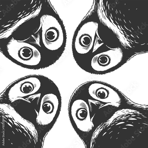 adorable penguins staring downward with wide-eyed, curious, and surprised expressions sketch engraving generative ai vector illustration. Scratch board imitation. Black and white image.