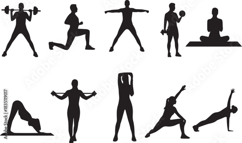 Collection of Fitness Silhouettes Demonstrating Various Exercises and Yoga Poses