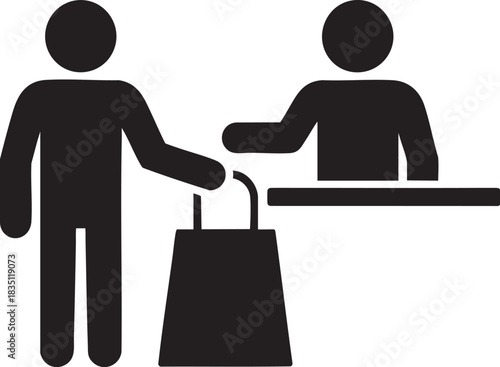 Black and white shopping icon showing customer receiving bag from cashier at counter, retail purchase, store service and transaction symbol