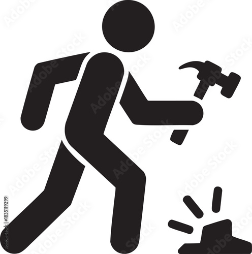 Black and white mining icon of person breaking rock with hammer, excavation, geology work, mineral exploration and construction symbol