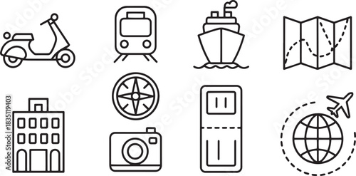 Travel transportation related icons on transparent background line style vector