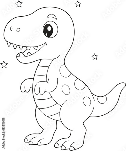 Kawaii T-Rex Coloring Page for Children. Adorable Baby Dino Line Art. Simple Toddler & Preschool Printable Activity Sheet