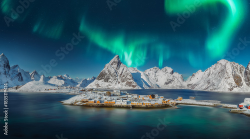 Amazing view of Sakrisoy village and snowy mountaines on background at night with Northern Lights