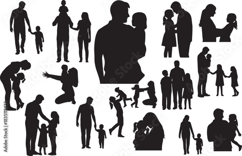 Silhouettes of Family Moments Fathers, Mothers, and Children in Various Activities and Poses