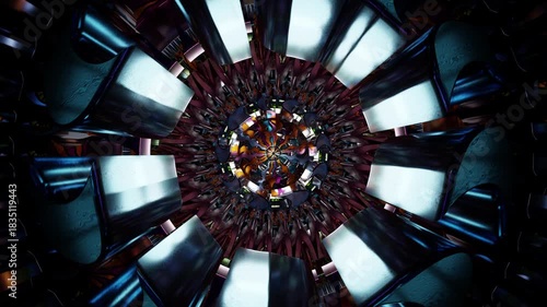 Futuristic circular mandala with layered metallic rings and luminous geometric symmetry, vibrant kaleidoscope tunnel effect background, abstract ornamental digital art details spiritual meditation