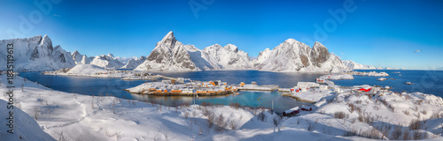 Amazing panoramic view of Hamnoy  and Sakrisoy villages and bridges seen from Olenilsoya island
