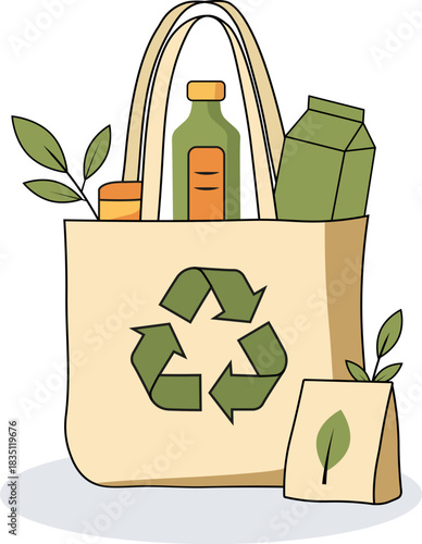 Reusable bag with grocery items and recycle symbol in a simple design showing eco-friendly shopping habits