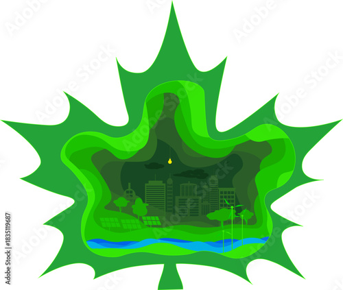 City inside a green leaf with buildings, water, and solar panels showing nature and urban life connected in one place during the day