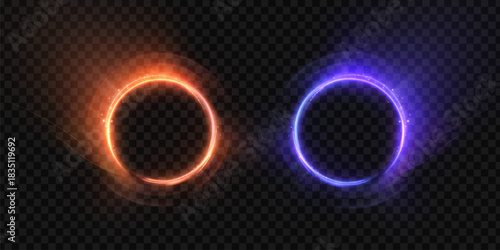 Two bright neon halos forming circular energy portals on a dark grid, glowing ring borders for sci fi posters, streaming thumbnails, logo reveals and HUD interface graphics.
