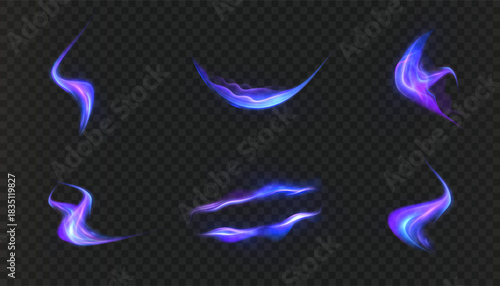 Blue-purple curved swirls of light in the form of a fast magical trail on a dark background; arc-shaped glow for spell effects in the game interface.	
