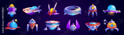 Alien spaceship, ufo game icons vector set.