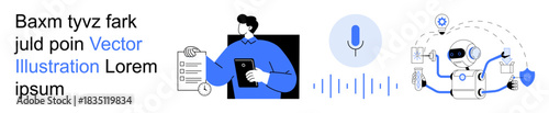 Artificial intelligence, voice command, data analysis, smart assistant, automation, communication. Person holding a tablet, microphone icon robot with data symbols. AI and voice command technology