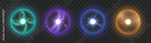 Glowing magical energy spheres with bright backlighting, lightning, and an inner glow. Vector plasma ball for overlays in design and illustrations.