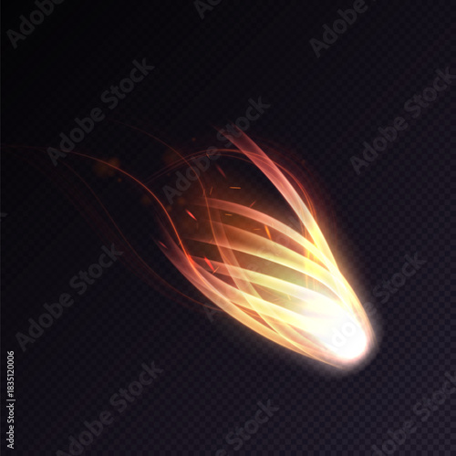 Bright flying meteor with hot glowing core and long fiery trail on dark background. Vector light effect for cosmic scenes, game design, fantasy posters and dynamic motion illustrations.
