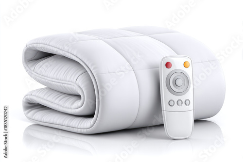 Cozy comfort: folded electric blanket with remote control for home use, isolated on white background for winter warmth
