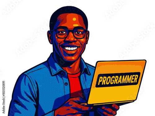 confident male programmer sitting at a laptop, representing tech and software development. Generative ai vector colorful pop art illustration.