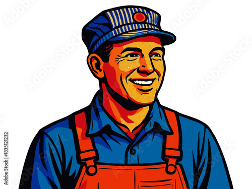 smiling train operator in classic uniform and striped cap, perfect for vintage transport themes. Generative ai vector colorful pop art illustration.