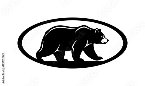 Powerful black bear walking silhouette emblem for outdoor adventure brand identity