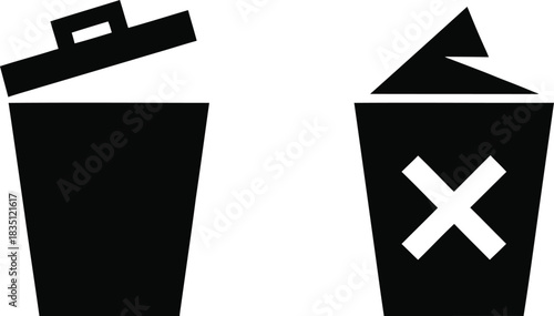 black silhouette trash bin delete icon, minimal waste container symbol vector on white background.