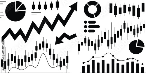 black silhouette financial trading charts, candlesticks, arrows, analytics graphs, minimal vector on white background.