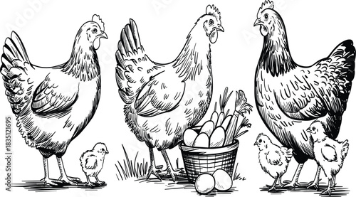 Farm Animals Vector Collection: Vintage Black & White Sketch Art of Cows, Chickens, and Chicks