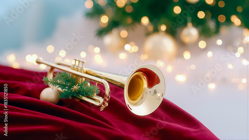 クリスマスのイルミネーションを背景に赤いベルベットの上に置かれた輝く金色のトランペット