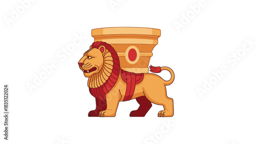 Illustration of a lion carrying a pot on its back, standing on a white background.