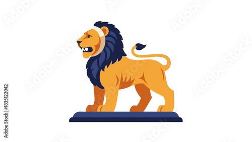 Illustration of a golden lion with a blue mane standing on a blue pedestal against a white background.
