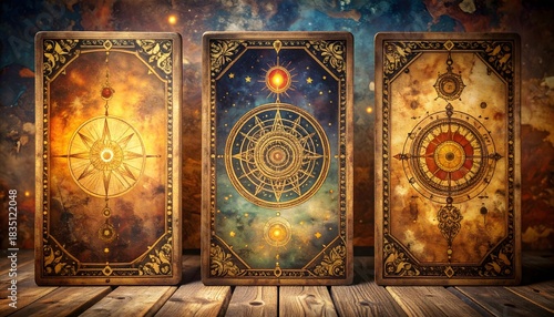 Mystical Tarot Card Deck with Ornate Golden Designs and Celestial Background