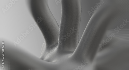 Matte black sculptural abstract form with intertwined tendrils and smooth texture against gray gradient background. Organic 3D composition blending motion, elegance, and modern minimal design.