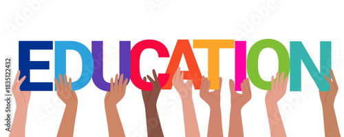 diverse hands holding colorful education letters promoting unity, learning, and inclusivity