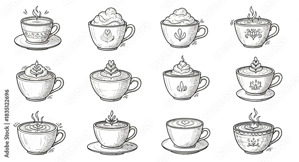 Obraz premium Collection of hand-drawn coffee cups with various toppings and designs.