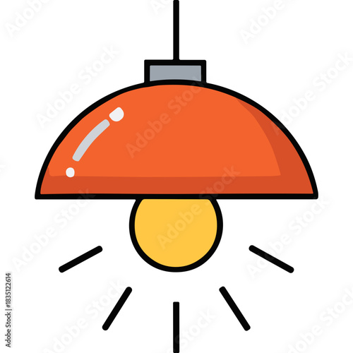 Simple Orange Dome Pendant Light Fixture With Glowing Yellow Bulb and Dark Rays Emitting Light Against Black Background