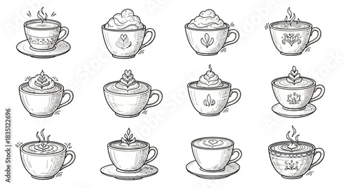 Collection of hand-drawn coffee cups with various toppings and designs.