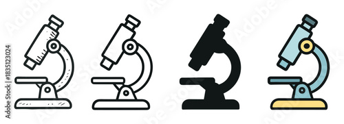 Set of four microscope icons in different artistic styles including a hand-drawn sketch, simple line art, black silhouette, and a colored outline for scientific concepts