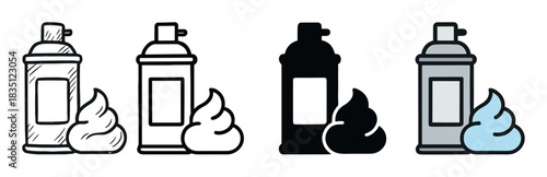 Shaving foam can and cream icons set in four different graphic styles including doodle, outline, silhouette, and flat color for cosmetic and grooming concepts