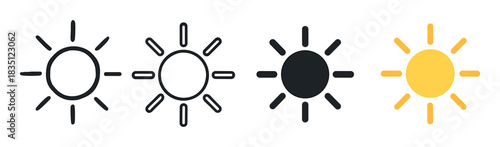 Collection of four simple sun icons presented in different design styles like line art, solid black, and yellow color for weather and brightness user interface elements