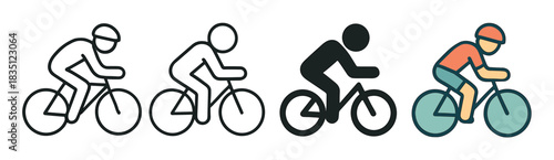 Set of four cyclist icons showing a person riding a bicycle, presented in various graphic styles including line art, solid silhouette, and a modern flat color design