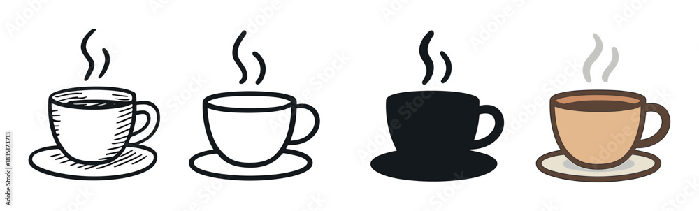 Obraz premium Set of four coffee cup icons showing different artistic styles including hand-drawn sketch, simple outline, black silhouette, and a full color cartoon illustration with steam