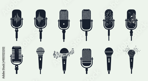 Collection of Vintage and Modern Microphones for Audio Recording and Broadcasting.