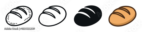 Four bread loaf vector icons presented in a collection of various graphic styles such as a doodle sketch, simple outline, solid black silhouette, and flat color illustration