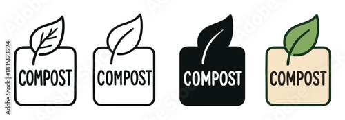 Set of four compost icons with a leaf symbol for eco-friendly waste sorting, featuring line art, solid silhouette, and color variations for sustainable packaging labels