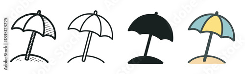 Set of four beach umbrella illustrations in different graphic styles, including a hand-drawn sketch, simple outline, solid silhouette, and a colorful flat design for summer themes